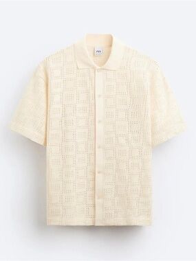 Zara Ecru Crochet Knit Short Sleeve Shirt | Size XL